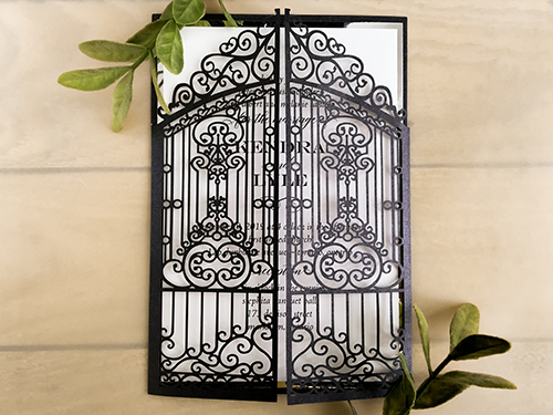 Invitation lc125: Black Shimmer, Silver Mirror, White Smooth - This is a black shimmer garden gate design laser cut wedding invitation.  The insert is layered with a silver mirror backinng.