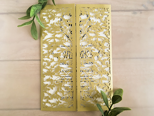 Invitation lc126: Metallic Gold, Cream Smooth - This is a metallic gold laser cut gate fold wedding invitation.  The laser cut pattern resembles a tree branch pattern.