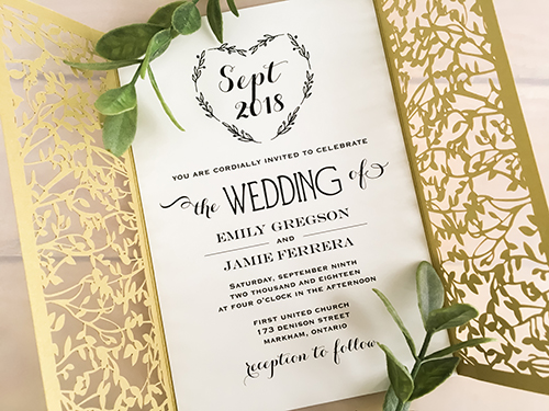 Invitation lc126: Metallic Gold, Cream Smooth - This is a metallic gold laser cut gate fold wedding invitation.  The laser cut pattern resembles a tree branch pattern.