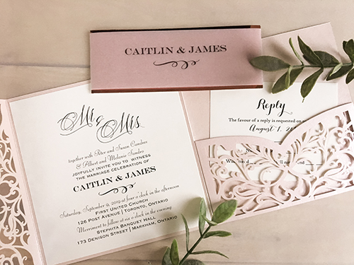 Invitation lc129: Blush Shimmer, Cream Smooth - This is a blush shimmer laser cut wedding invite with a vellum belly band with a rose gold mirror backing.