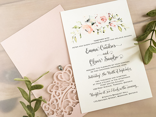 Invitation lc137: Blush Shimmer, Cream Smooth - This is a blush shimmer laser cut pocket wedding invite that has a rhinestone jewel at the tip.