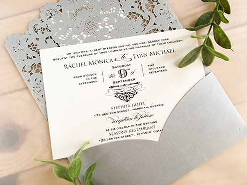 Invitation lc13: Rectangular laser cut invitations with double layered cover tag. Cover tag uses both pearl paper and mirror paper and is attached on to the lace cut out design.