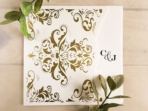 Invitation lc141: Ivory Shimmer - This is a special laser cut with a gold foil printed damask pattern on the pocket.  The insert is loose.