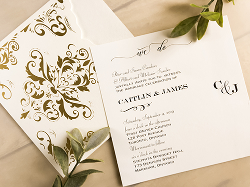 Invitation lc141: Ivory Shimmer - This is a special laser cut with a gold foil printed damask pattern on the pocket.  The insert is loose.