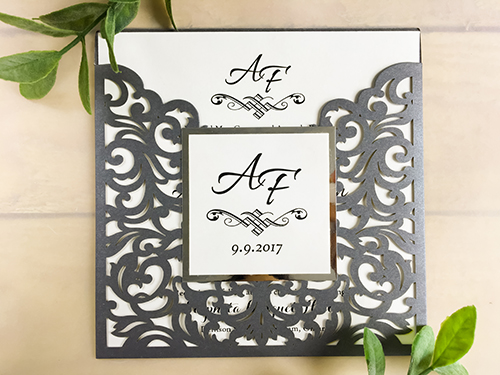 Invitation lc14: Grey Shimmer, Silver Mirror, Cream Smooth - filigree design laser cut with mirror backed cover tag. Shown in Charcoal Shimmer.