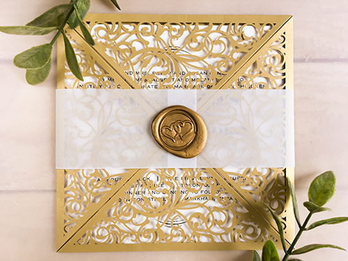 Invitation lc150: Metallic Gold, Cream Smooth, Gold Wax - This is a square metallic gold laser cut invitation.  There is a vellum belly band with a gold wax seal.