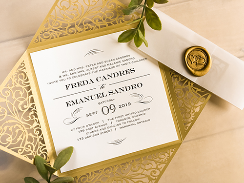 Invitation lc150: Metallic Gold, Cream Smooth, Gold Wax - This is a square metallic gold laser cut invitation.  There is a vellum belly band with a gold wax seal.