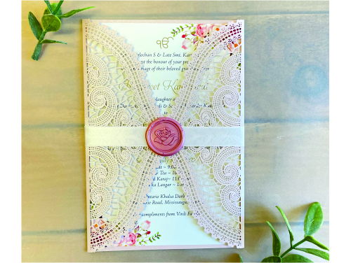 Invitation lc155: Blush Shimmer, Blush Wax, Antique Ribbon - This is a delicate lace design laser cut invitation with a ribbon stripe and blush rose wax seal.