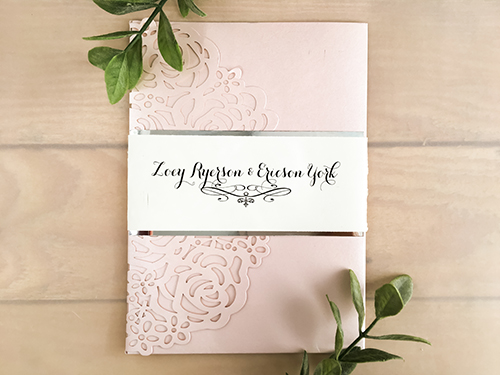 Invitation lc17: Blush Shimmer, Silver Mirror, Cream Smooth - This is a blush shimmer pocket folder laser cut wedding invitation.  The silver mirror layered belly band wraps around the card.