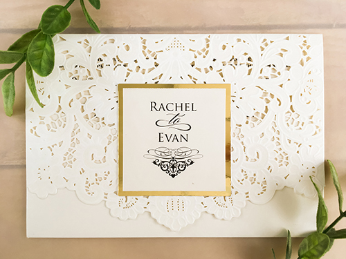 Invitation lc1: Ivory Shimmer, Gold Mirror, Cream Smooth - Ivory lace, bi-fold laser cut invitation with a mirror gold cover tag.