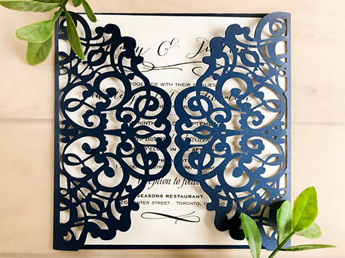 Invitation lc23: Glittering Navy, Cream Smooth - This is simple gate fold laser cut wedding invitation in the glittering navy paper.  The insert is loose.