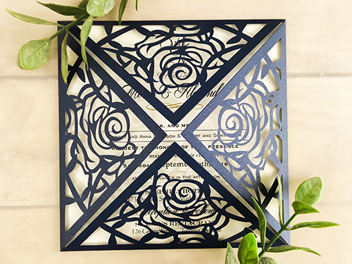 Invitation lc30: Glittering Navy, Cream Smooth - This is a glittering navy laser cut pattern wedding invite.  The laser cut pattern is a rose.