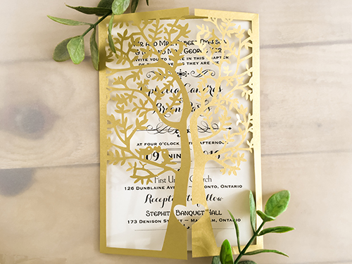 Invitation lc31: Metallic Gold, Cream Smooth - This is a tree design pattern laser cut wedding invitation in the metallic gold paper color.  The insert is loose.