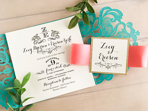 Invitation lc40: Tiffany Shimmer, Champagne Glitter, Cream Smooth, Coral Ribbon - This is a tiffany shimmer damask pattern gate fold laser cut wedding invite.  There is a coral ribbon with a champagne glitter cover tag backing.