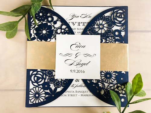 Invitation lc41: Glittering Navy, Cream Smooth, Champagne Ribbon - This is a glittering navy rounded design laser cut wedding card  There is a flat champagne ribbon and single cover tag.