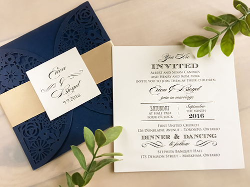 Invitation lc41: Glittering Navy, Cream Smooth, Champagne Ribbon - This is a glittering navy rounded design laser cut wedding card  There is a flat champagne ribbon and single cover tag.