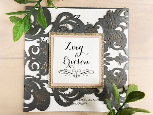 Invitation lc43: Grey Shimmer, Blush Pearl, Cream Smooth - This is a grey shimmer laser cut gate fold wedding invitation.  There is a double layer cover tag that uses the blush pearl and champagne glitter.