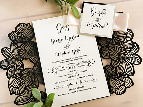 Invitation lc47: Glittering Black, Silver Mirror, White Ribbon - This is a glittering black gate fold floral pattern laser cut wedding invitation.  There is a white ribbon and silver mirror layered cover tag.