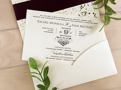 Invitation lc48: Ivory Shimmer, Rose Gold Mirror, Cream Smooth, Eggplant Ribbon - This is an ivory shimmer pocket style laser cut wedding invite.  There is a eggplant ribbon with rose gold mirror cover tag.