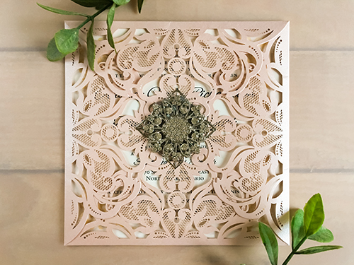 Invitation lc51: Blush Shimmer, Brooch/Buckle A11, Metal Filigree F5 - Silver - This is a four flap blush shimmer laser cut wedding card.  There is a combo brooch on the cover flap.