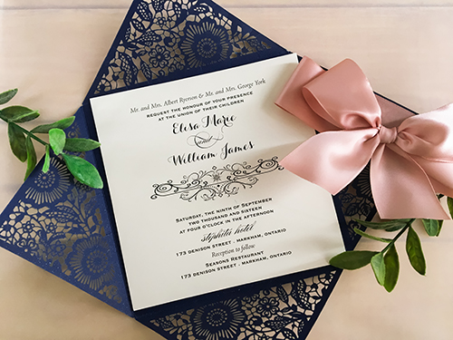 Invitation lc56: Glittering Navy, Cream Smooth, Deep Blush Ribbon - This is a square four flap laser cut wedding invitation in the glittering navy paper.  There is a deep blush bow.