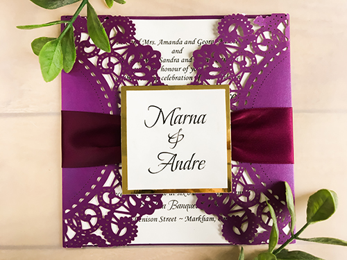 Invitation lc57: Purple Shimmer, Gold Mirror, Eggplant Ribbon - This is a purple shimmer laser cut gate fold design card.  There is an eggplant ribbon with a gold mirror layered cover tag.
