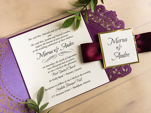 Invitation lc57: Purple Shimmer, Gold Mirror, Eggplant Ribbon - This is a purple shimmer laser cut gate fold design card.  There is an eggplant ribbon with a gold mirror layered cover tag.