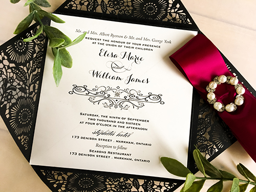 Invitation lc59: Glittering Black, Wine Ribbon, Brooch/Buckle W - This is a four flap glittering black laser cut wedding design card.  There is a wine ribbon woven into the pearl brooch.