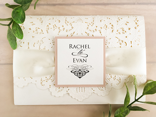 Invitation lc5: Ivory Shimmer, Blush Pearl, Cream Smooth, Antique Ribbon - trifold laser cut invitation in ivory shimmer. Accented by a ruched 1.5