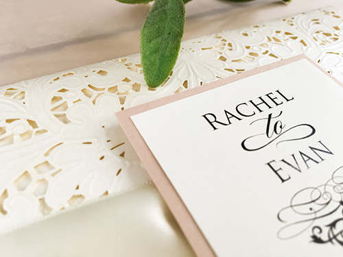 Invitation lc5: Ivory Shimmer, Blush Pearl, Cream Smooth, Antique Ribbon - trifold laser cut invitation in ivory shimmer. Accented by a ruched 1.5