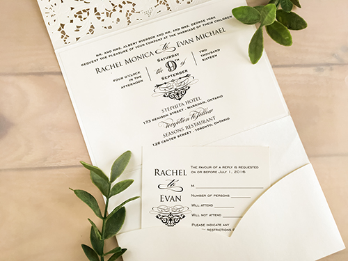 Invitation lc5: Ivory Shimmer, Blush Pearl, Cream Smooth, Antique Ribbon - trifold laser cut invitation in ivory shimmer. Accented by a ruched 1.5