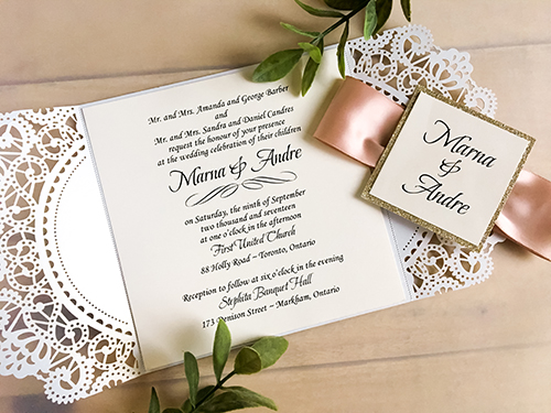 Invitation lc60: White Shimmer, Champagne Glitter, Cream Smooth, Deep Blush Ribbon - This is a white shimmer laser cut gate fold wedding invitation.  There is a champagne glitter layered cover tag with deep blush ribbon.