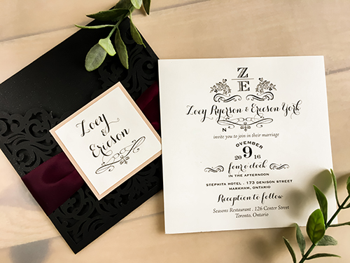 Invitation lc61: Glitter Black, Blush Pearl, Cream Smooth, Wine Ribbon - This is a pocket style laser cut wedding invite in the glitter black paper.  There is a wine ribbon and blush pearl layered cover tag.