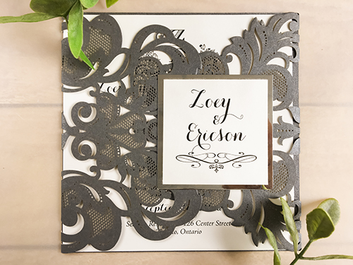 Invitation lc73: Grey Shimmer, Silver Mirror, Cream Smooth - This is a grey shimmer damask pattern gate fold laser cut wedding invite.  There is a silver mirror layered cover tag.