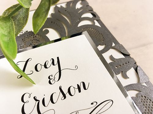 Invitation lc73: Grey Shimmer, Silver Mirror, Cream Smooth - This is a grey shimmer damask pattern gate fold laser cut wedding invite.  There is a silver mirror layered cover tag.