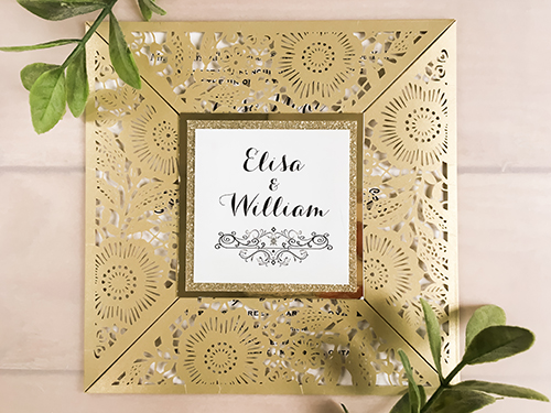 Invitation lc78: This is a metallic gold laser cut wedding invite that has 4 flap design.  There is a double layered cover tag using the gold glitter and mirror papers.