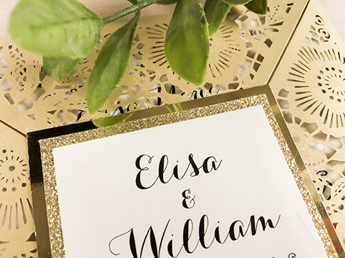 Invitation lc78: This is a metallic gold laser cut wedding invite that has 4 flap design.  There is a double layered cover tag using the gold glitter and mirror papers.