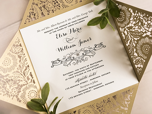 Invitation lc78: This is a metallic gold laser cut wedding invite that has 4 flap design.  There is a double layered cover tag using the gold glitter and mirror papers.