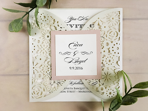 Invitation lc84: Cream Shimmer, Blush Pearl, Cream Smooth - This is a cream shimmer laser cut circle cut gate wedding invitation.  There is a blush pearl cover tag.