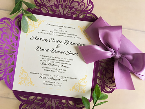 Invitation lc8: Square 4 flap laser cut invitation with a big 1.5 inch billowing bow, hand tied with love. Shown here in purple shimmer, accepted with a complimentary purple bow (grape colour)