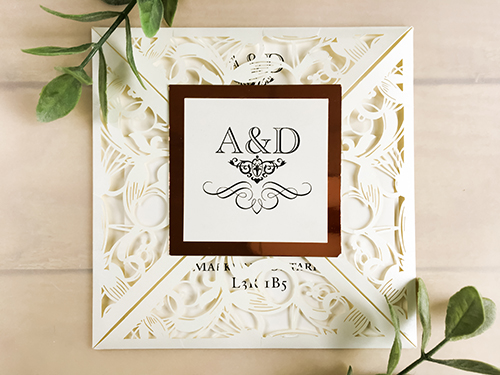Invitation lc92: Ivory Shimmer, Rose Gold Mirror, Cream Smooth - This is a four flap ivory shimmer laser cut wedding invite.  There is a rose gold mirror layered cover tag.
