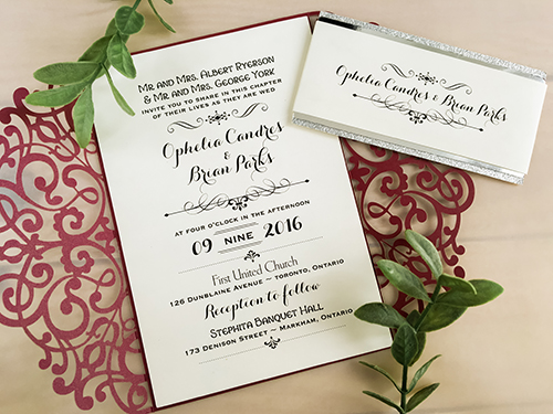 Invitation lc93: Burgundy Shimmer, Silver Mirror, Cream Smooth - This is a burgundy shimmer gate fold style laser cut wedding invite.  There is a double layered belly band.