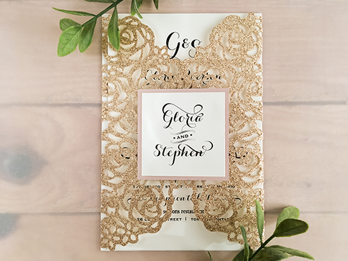 Invitation lc98: Glitter Rose Gold, Blush Pearl, Cream Smooth - This is a glitter rose gold laser cut gate fold wedding invite.  There is a blush pearl layered cover tag.