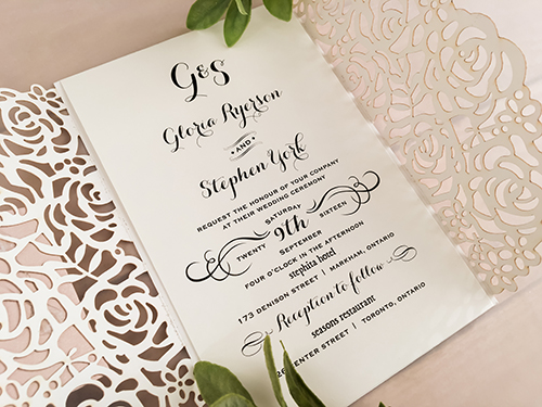 Invitation lc98: Glitter Rose Gold, Blush Pearl, Cream Smooth - This is a glitter rose gold laser cut gate fold wedding invite.  There is a blush pearl layered cover tag.