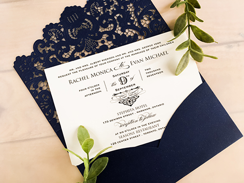 Invitation lc9: Glittering Navy, Cream Smooth - Bi-fold laser cut invitation in glittering navy. V shaped envelope cover with lace design. Includes a sweetheart shaped pocket.