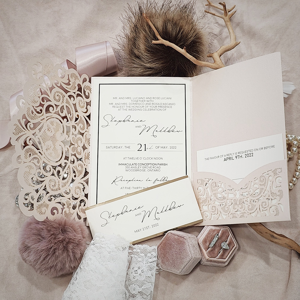 Invitation 8002: Blush Shimmer, Gold Mirror, Cream Smooth - pocketfold lasercut with printed backed cardstock band