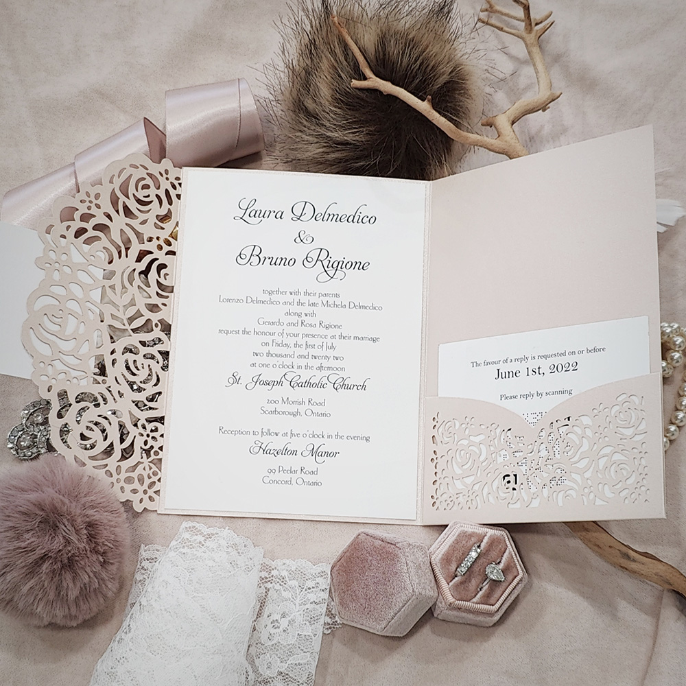 Invitation 8003: Blush Shimmer, Silver Mirror, Cream Smooth - blush pocketfold lasercut with layered tag