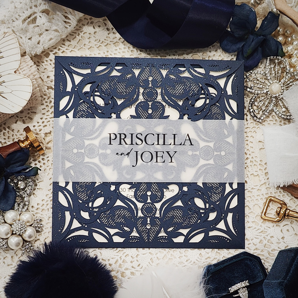 Invitation 8004: Glittering Navy, Cream Smooth - four flap navy lasercut envelopement with vellum band