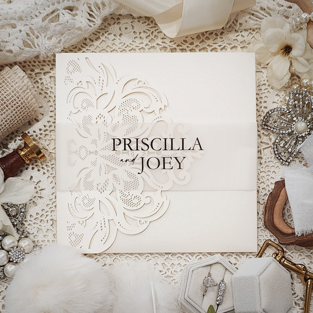 Invitation 8006: Ivory Shimmer, Cream Smooth - ivory pocketfold lasercut with vellum band