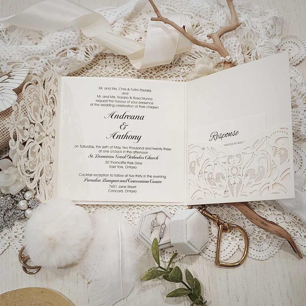 Invitation 8006: Ivory Shimmer, Cream Smooth - ivory pocketfold lasercut with vellum band